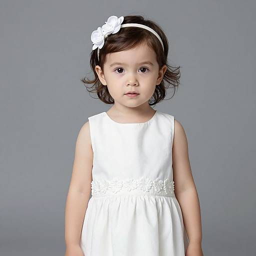Photograph of a young Asian girl with short black hair, wearing a white sleeveless dress and white flower headband, standing against a gray background.