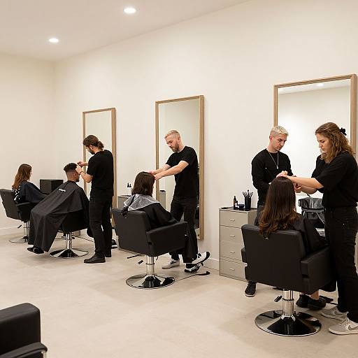 Photograph of a modern, minimalist hair salon with four clients in black salon chairs, each receiving haircuts from two male stylists in black uniforms,
