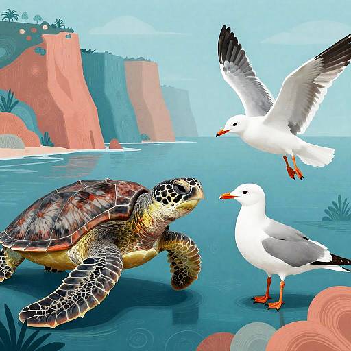 Sea Turtle and Seagulls by Coastal Cliffs