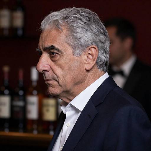 Serious Older Man in Dark Suit at Bar