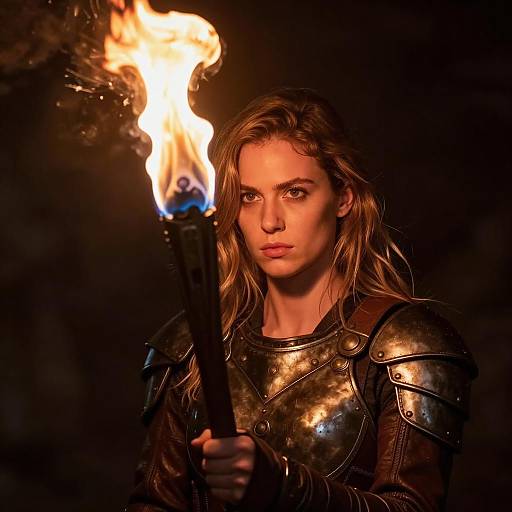 Determined Woman with Torch in Darkness