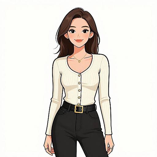 Digital anime-style illustration of a smiling woman with long brown hair, wearing a white ribbed button-up shirt and black high-waisted pants, with