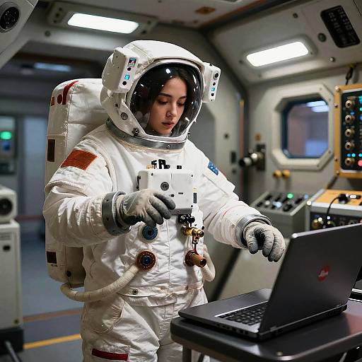 Photograph of a woman in a white space suit with a transparent helmet, working on a laptop inside a spacecraft.