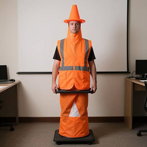 Photograph of a man standing on a scale, wearing an orange traffic cone costume with reflective stripes, in an office with a projector screen and desks.
