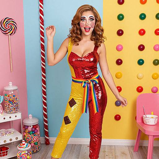 Colorful photograph of a woman in a red sequin top and yellow sequin pants, face painted, standing in a candy-themed room.