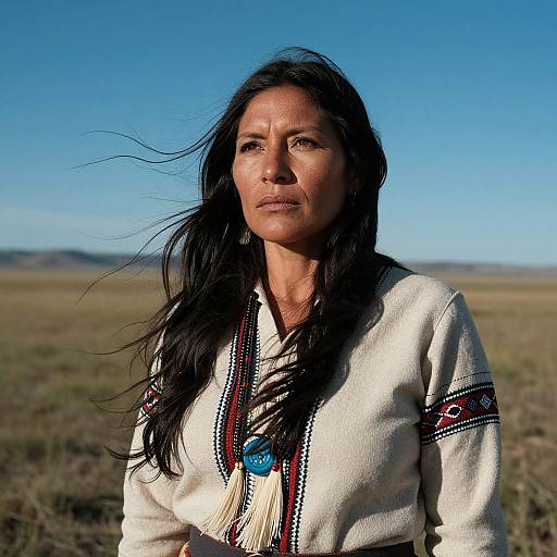 Photograph of a Native American woman with long black hair, wearing a white embroidered shirt with red and blue patterns, standing in a vast, open field