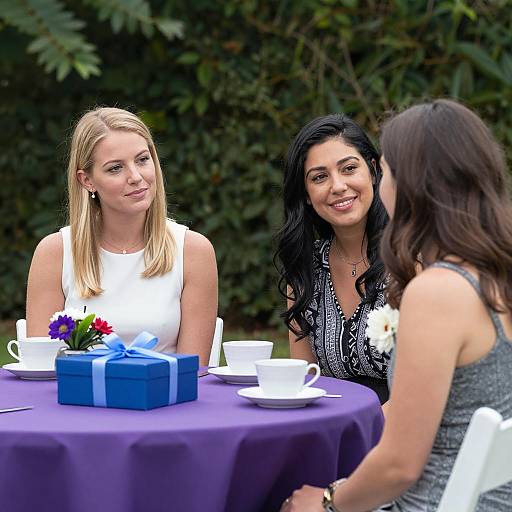 Three Women Chatting at Outdoor Table with Gift