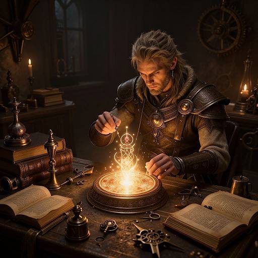Medieval warrior with long blonde hair, armored chest, conjures magic over glowing candle on wooden table, surrounded by books, candles, keys, and