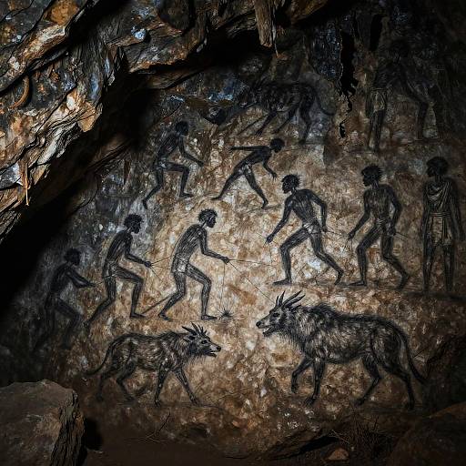Ancient cave painting of eight figures chasing a wolf, rendered in dark, shadowy strokes on a textured, rocky surface.