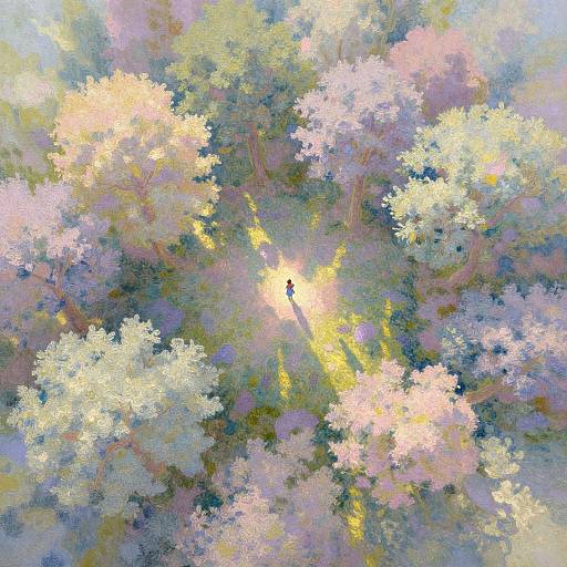 Impressionist-style painting of a forest canopy with sunlight filtering through pastel-colored trees, casting a bright yellow light on a solitary, dark silhouette in