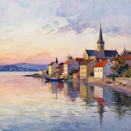 Impressionistic painting of a serene waterfront village at sunset, featuring reflective water, red-roofed buildings, a church with a tall steeple