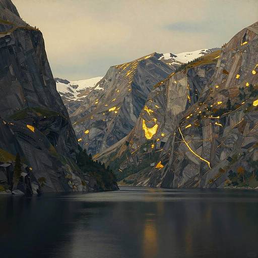 Photograph of a serene mountain lake at sunset, with rugged, rocky cliffs illuminated by golden sunlight, reflecting in calm water.