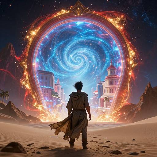 Digital art of a lone adventurer in desert, facing a glowing, circular, swirling portal with blue and red lights, surrounded by burning towers and rocky landscape