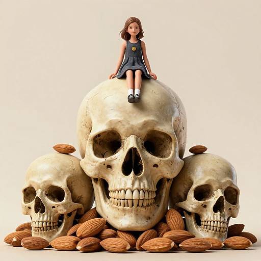 Photograph of a doll in a blue dress sitting on a large skull, surrounded by three smaller skulls and scattered almonds.