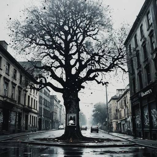 Banksy-Inspired Urban Street with Mystic Old Tree