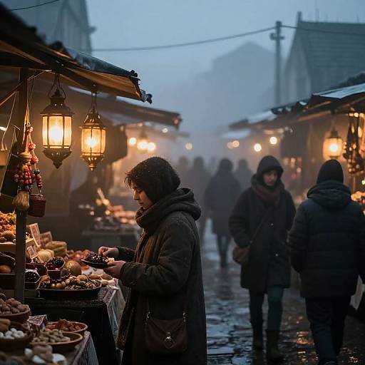 Photograph of a misty, cobblestone Christmas market at dusk, with warm lanterns, bundled shoppers, and a woman examining food stalls.