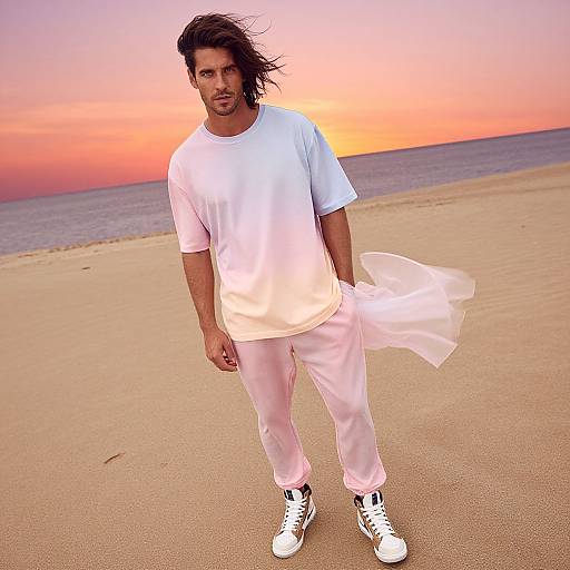 Photograph of a bearded man with dark hair, wearing a white t-shirt, white pants, and white sneakers, standing on a beach at sunset