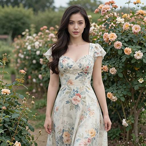 Photograph of an Asian woman with long dark hair, wearing a floral, white, V-neck dress, standing in a blooming rose garden.
