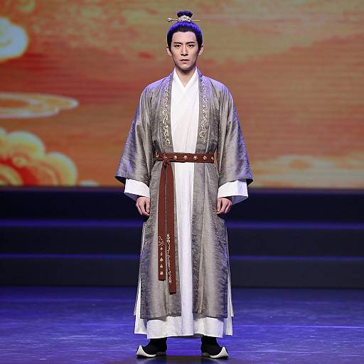 Photograph of an East Asian male model in traditional Korean hanbok, silver silk robe with intricate patterns, white inner garment, brown belt, black