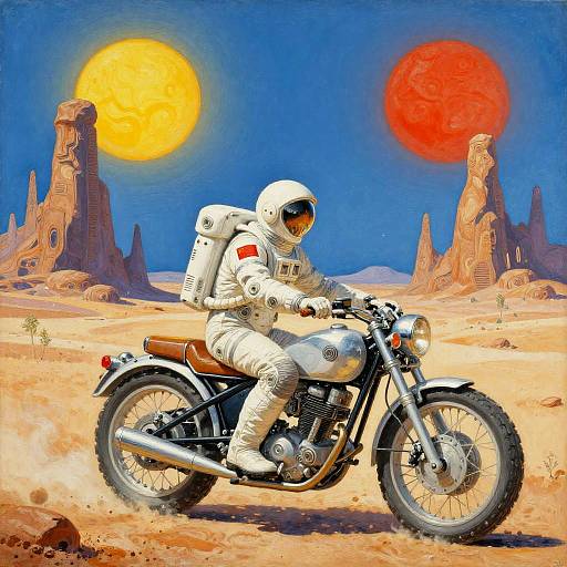 Photograph-style digital artwork of an astronaut in white suit riding a vintage motorcycle through a desert with towering rocks and dual suns in a vibrant blue sky