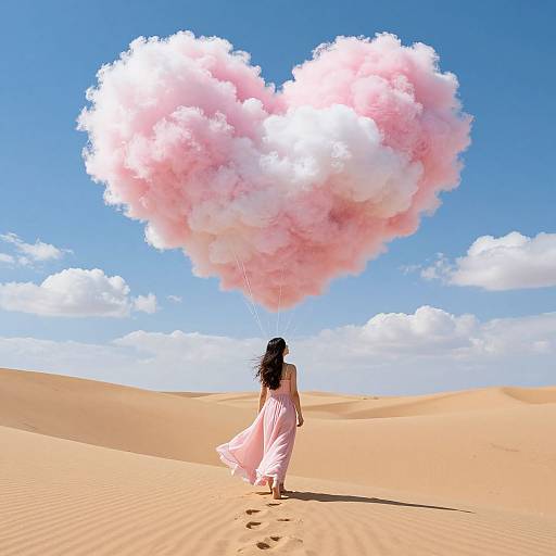 Photograph of a woman in a flowing pink dress, standing in a desert with footprints, holding a pink heart-shaped cloud against a bright blue sky