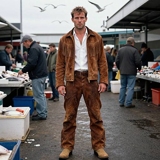 Photograph of a rugged, brown-fringed jacket-wearing man with sandy brown pants and tan boots, standing in a bustling outdoor market, surrounded by