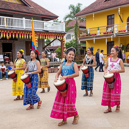 Photograph of vibrant Filipino women in colorful traditional dresses and headscarves, dancing and playing drums in a sunny village courtyard.