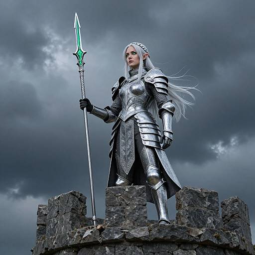 Digital artwork of a silver-haired elf warrior in shining armor, holding a glowing green spear, standing on a rocky ruin under a stormy sky.