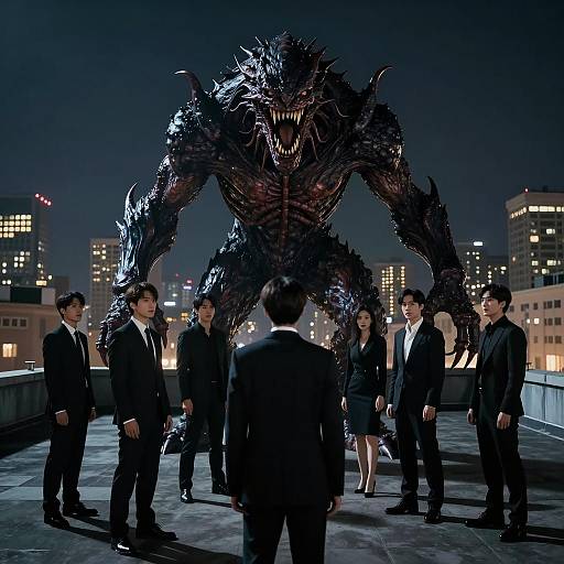 Nighttime Rooftop Encounter with Monster and Formal Group