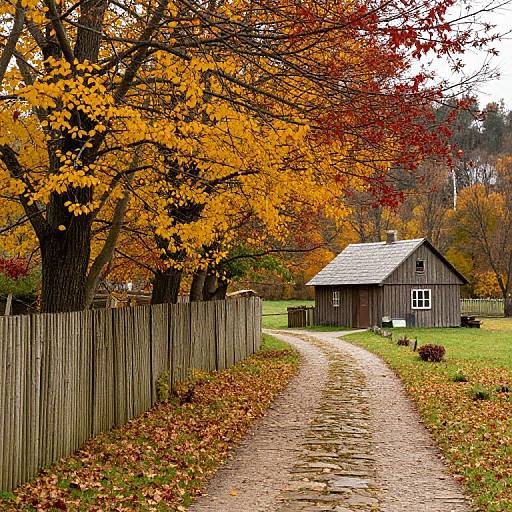 Photograph of a rustic wooden house with gray roof, surrounded by vibrant autumn trees with orange-red leaves, along a gravel path bordered by a wooden fence
