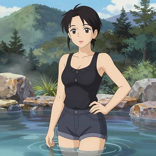 Woman Enjoying Hot Spring in Casual Chic