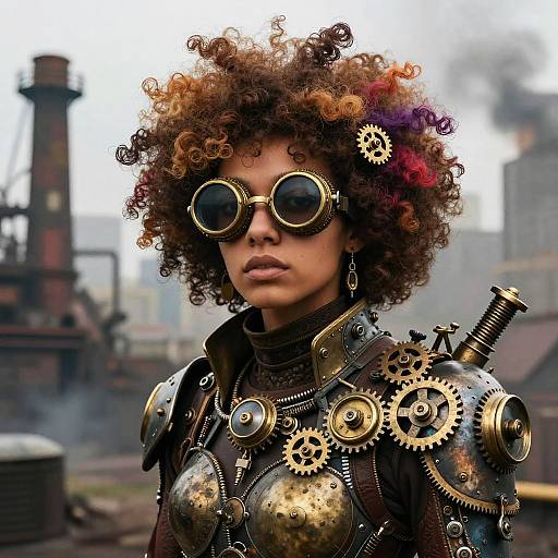 Afro Steampunk Character in Industrial City