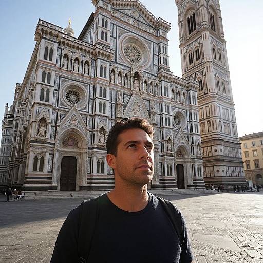 Photograph of a young man with short dark hair, wearing a black shirt, standing in front of Florence's Cathedral of Santa Maria del Fiore.