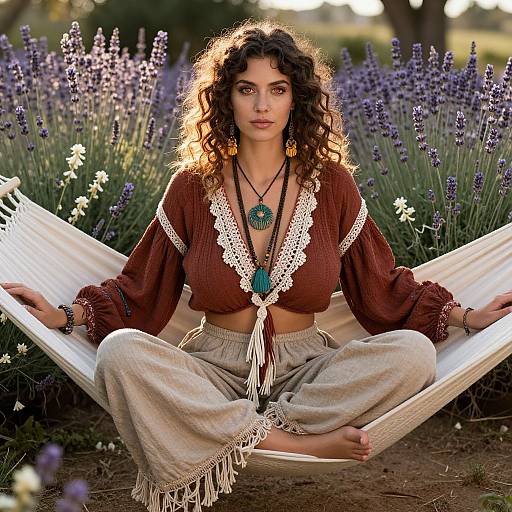 Photograph of a curly-haired woman with olive skin, wearing a brown lace-trimmed top, beige pants, and turquoise jewelry, sitting cross-legged