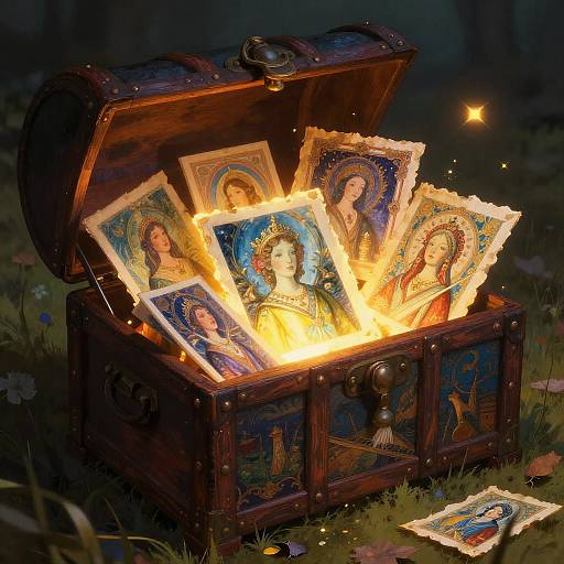 Illustration of an enchanted wooden treasure chest glowing with fire, revealing vibrant, illuminated portraits of saints in a dark, enchanted forest.