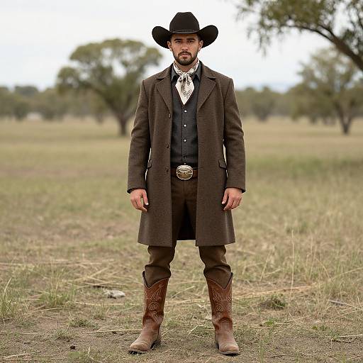 Photograph of a bearded man standing in a grassy field, wearing a black cowboy hat, brown coat, vest, tie, trousers, and