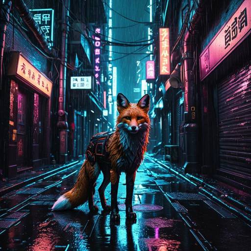 Cyberpunk Mechanical Fox in Neon Alley Cyberpunk Mechanical Fox in Neon Alley
