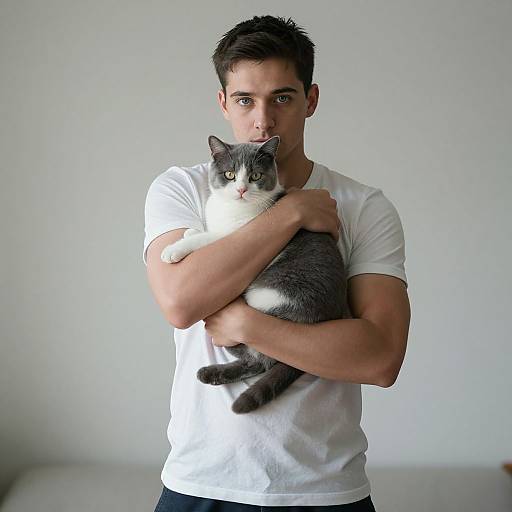Photograph of a young man with short dark hair, wearing a white t-shirt, holding a gray and white cat against his chest. Minimalist white