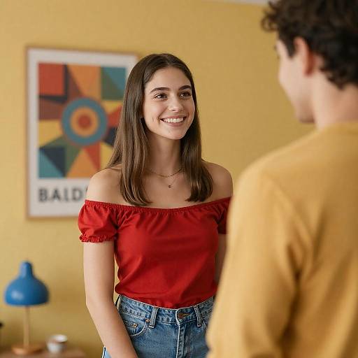Smiling Woman Facing Man in Yellow Room