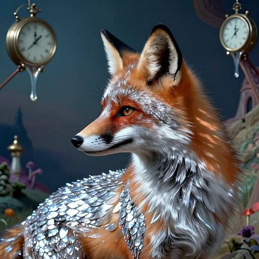 Digital artwork of a glowing, silver-scaled fox with vibrant orange and white fur, set against a twilight backdrop with two clock hands dripping water.