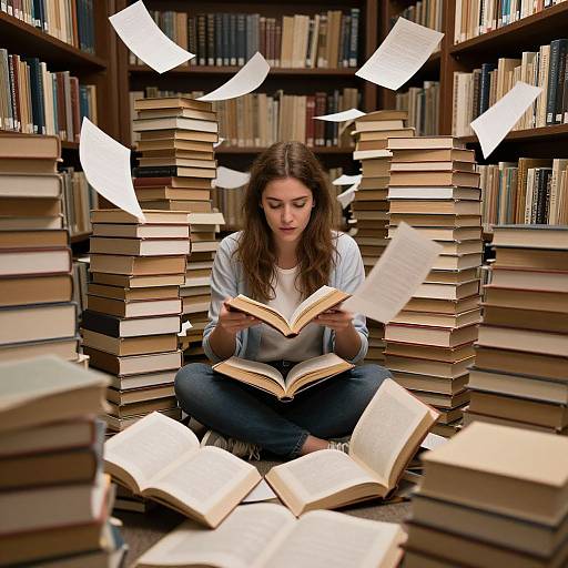 Photograph of a brown-haired woman in a white shirt, sitting cross-legged among tall stacks of books, surrounded by flying papers, reading an open book