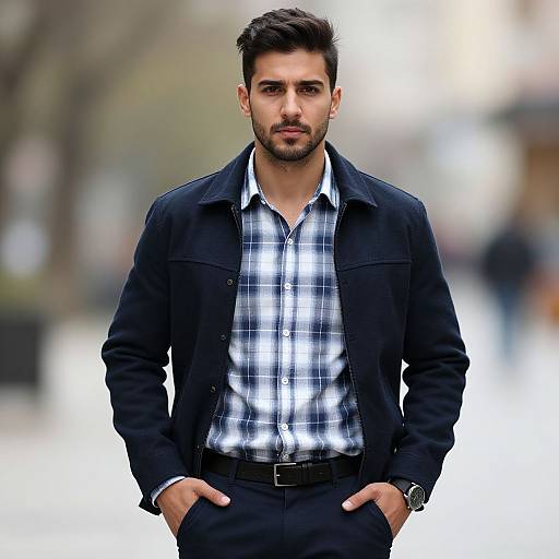 Photograph of a handsome, dark-haired man with a trimmed beard, wearing a black jacket over a white and blue plaid shirt, standing with hands