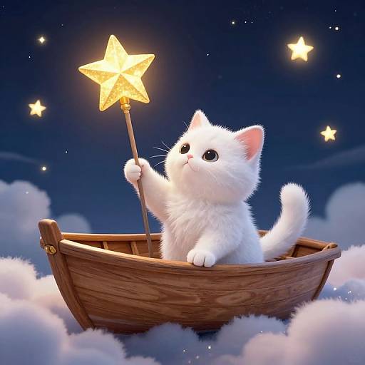 Adorable white kitten with large eyes holds a glowing star-topped staff in a wooden boat, floating on clouds against a starry night sky. Digital