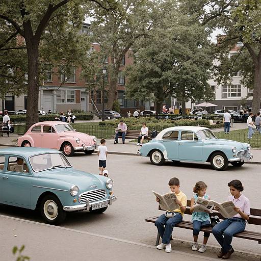 Photograph of 1950s-style park scene with three children reading on a bench, surrounded by vintage pastel-blue and pink cars, and people