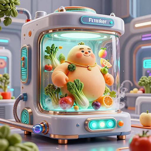 Digital illustration of a chubby, anthropomorphic, orange creature surrounded by vegetables in a futuristic, glowing, cylindrical 