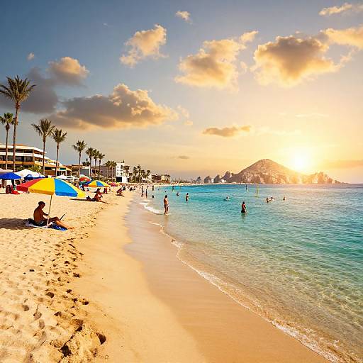 Photograph of a sunny beach at sunset with clear blue water, palm trees, colorful umbrellas, people swimming, and a distant hill.