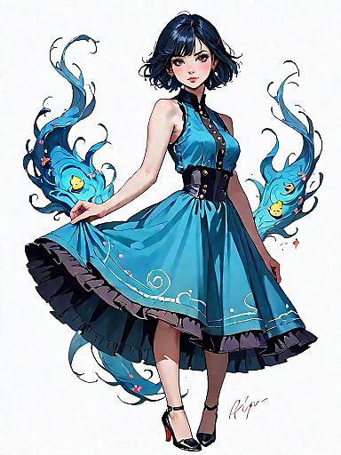 Elegant Woman in Blue Dress with Artistic Flowing Accents