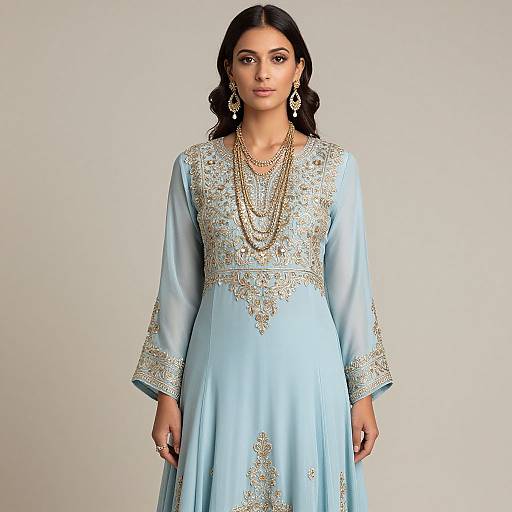 Photograph of a South Asian woman with dark hair, wearing a light blue, long-sleeved, intricately embroidered traditional dress, layered gold neck