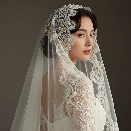 Photograph of a beautiful Asian bride with fair skin, dark hair, and delicate features, wearing an ornate white lace veil and dress, looking over