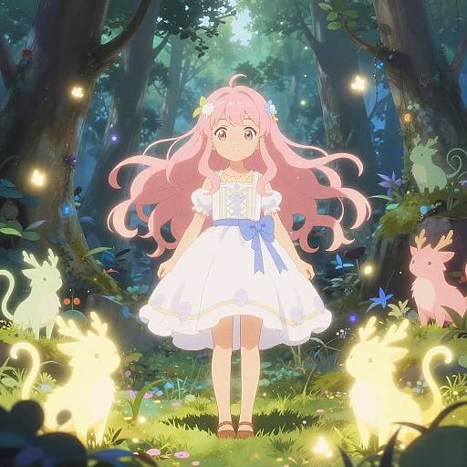 Anime-style digital illustration of a pink-haired girl in a white dress standing in a luminous forest, surrounded by glowing, ethereal creatures.